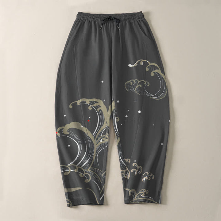 Buddha Stones Herrenhose aus reiner Baumwolle mit Meereswellenmuster, Kordelzug und Taschen - image 9