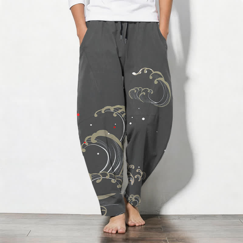 Buddha Stones Herrenhose aus reiner Baumwolle mit Meereswellenmuster, Kordelzug und Taschen - DimGray - US/UK/AU50, EU60 (5XL) - image 7