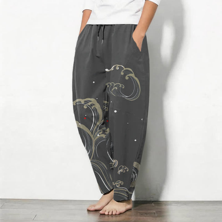 Buddha Stones Herrenhose aus reiner Baumwolle mit Meereswellenmuster, Kordelzug und Taschen - image 8