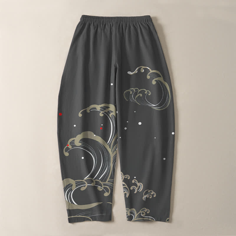 Buddha Stones Herrenhose aus reiner Baumwolle mit Meereswellenmuster, Kordelzug und Taschen - image 10