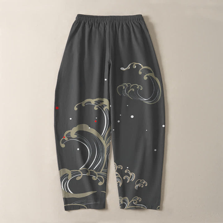 Buddha Stones Herrenhose aus reiner Baumwolle mit Meereswellenmuster, Kordelzug und Taschen - image 10