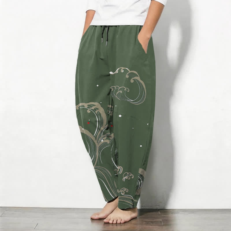 Buddha Stones Herrenhose aus reiner Baumwolle mit Meereswellenmuster, Kordelzug und Taschen - image 12