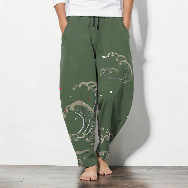 Buddha Stones Herrenhose aus reiner Baumwolle mit Meereswellenmuster, Kordelzug und Taschen - Dunkelolivgrün - US/UK/AU50, EU60 (5XL) - image 11