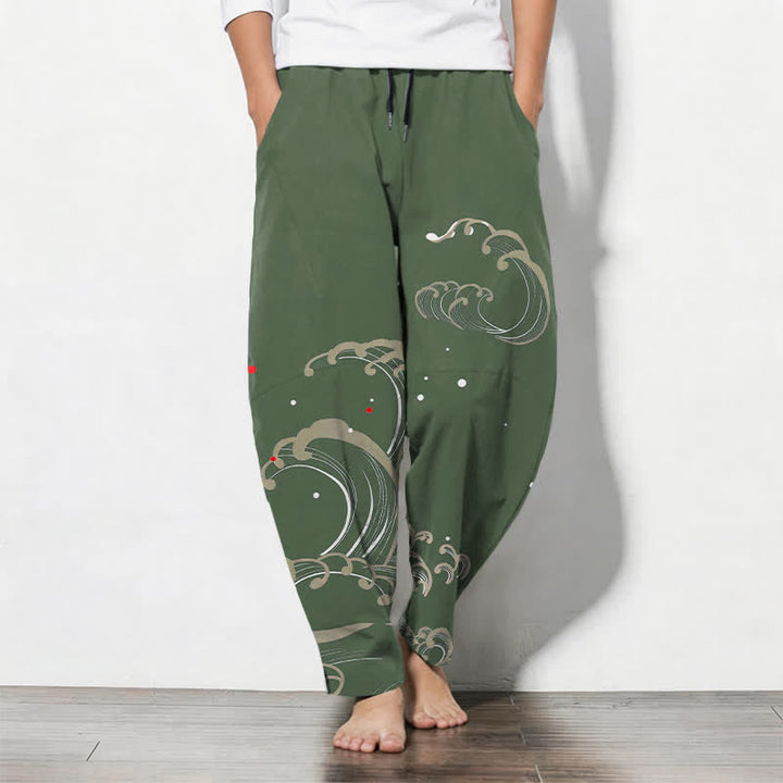 Buddha Stones Herrenhose aus reiner Baumwolle mit Meereswellenmuster, Kordelzug und Taschen - Dunkelolivgrün - US/UK/AU50, EU60 (5XL) - image 11