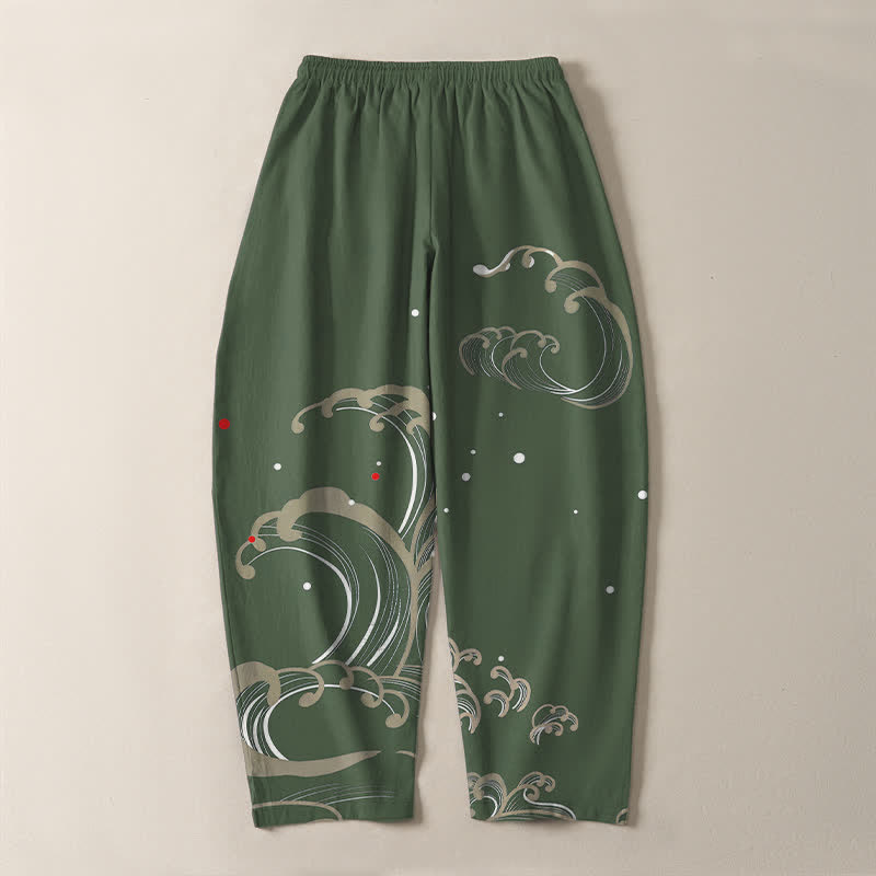 Buddha Stones Herrenhose aus reiner Baumwolle mit Meereswellenmuster, Kordelzug und Taschen - image 14