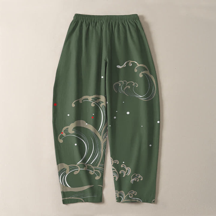 Buddha Stones Herrenhose aus reiner Baumwolle mit Meereswellenmuster, Kordelzug und Taschen - image 14