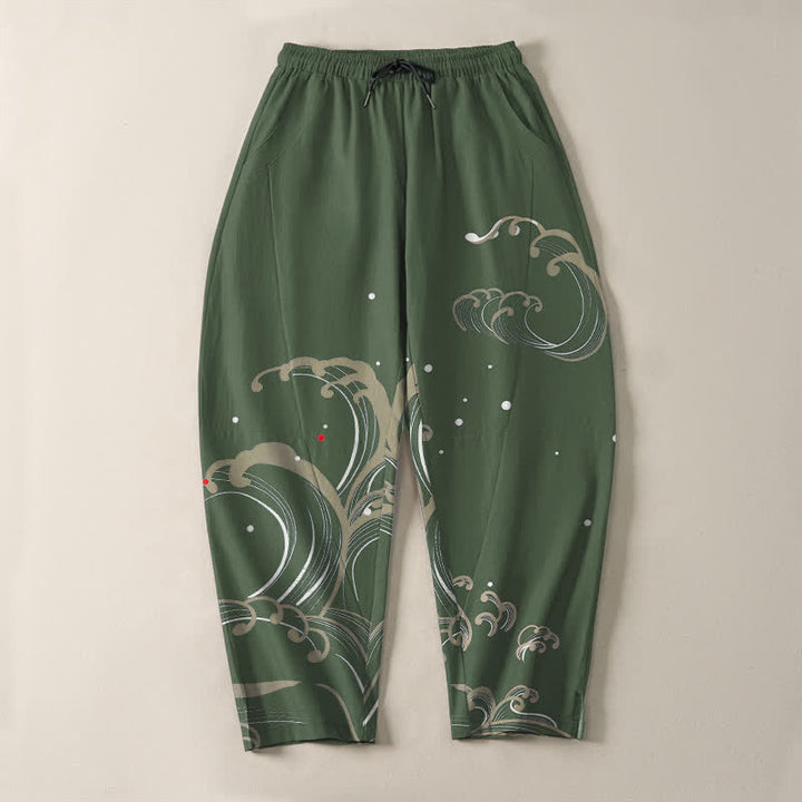 Buddha Stones Herrenhose aus reiner Baumwolle mit Meereswellenmuster, Kordelzug und Taschen - image 13