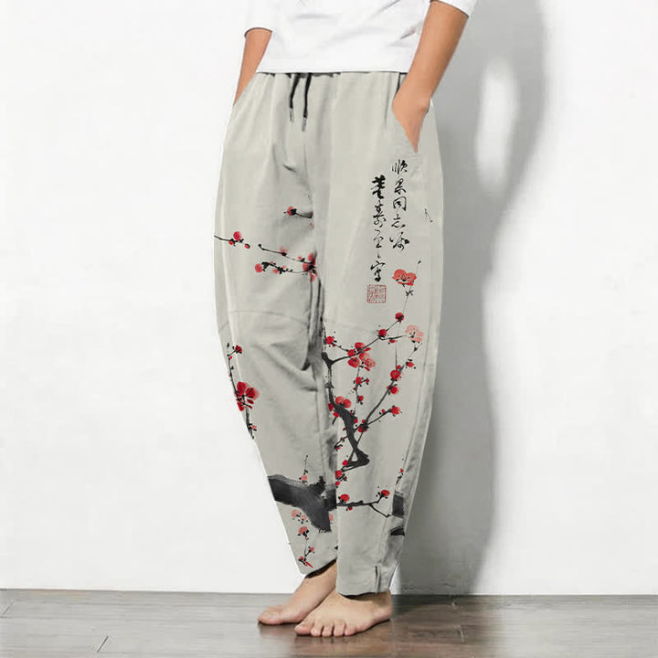 Buddha Stones Herrenhose aus reiner Baumwolle mit Kalligrafie, Pflaumenblütenmuster, Kordelzug und Taschen - image 1