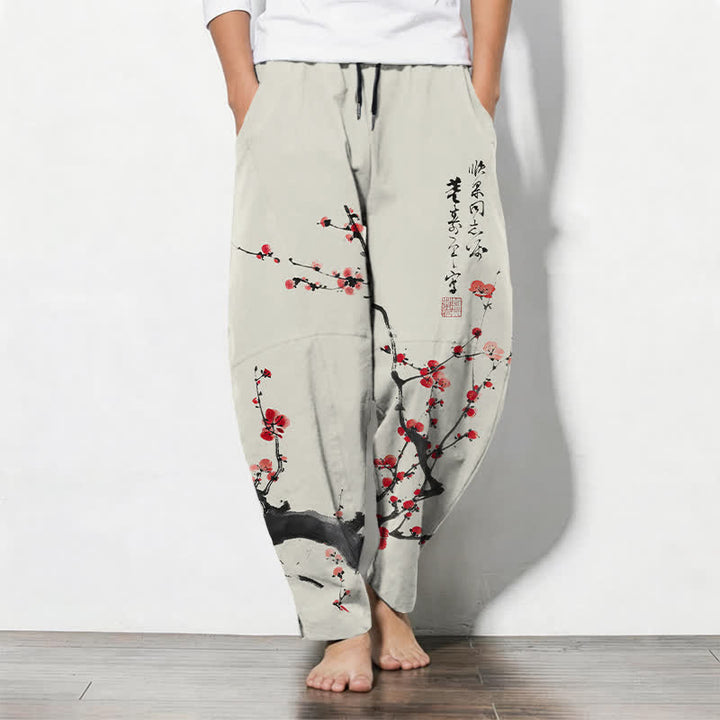 Buddha Stones Herrenhose aus reiner Baumwolle mit Kalligrafie, Pflaumenblütenmuster, Kordelzug und Taschen - Beige - US/UK/AU50, EU60 (5XL) - image 0