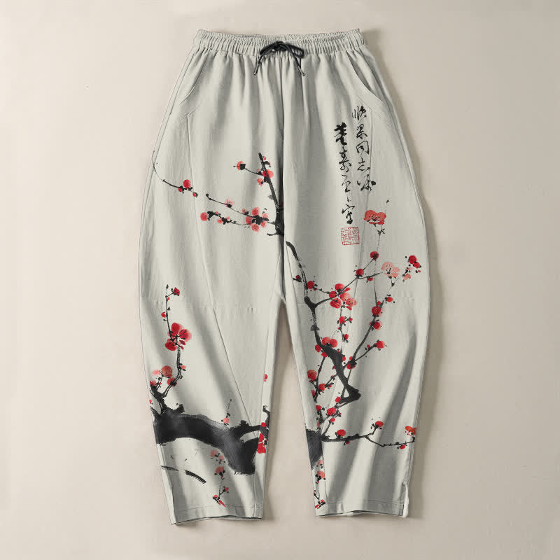 Buddha Stones Herrenhose aus reiner Baumwolle mit Kalligrafie, Pflaumenblütenmuster, Kordelzug und Taschen - image 2