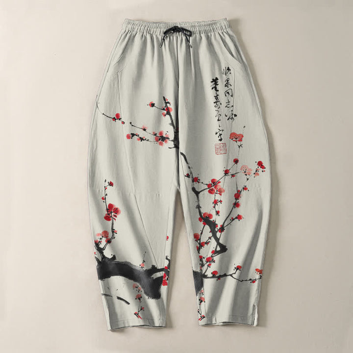 Buddha Stones Herrenhose aus reiner Baumwolle mit Kalligrafie, Pflaumenblütenmuster, Kordelzug und Taschen - image 2