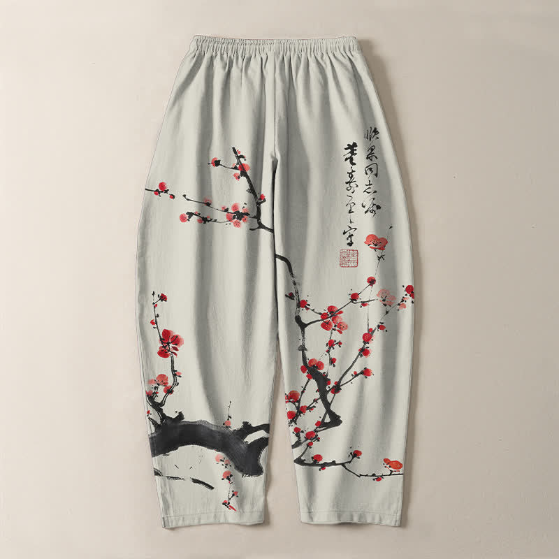 Buddha Stones Herrenhose aus reiner Baumwolle mit Kalligrafie, Pflaumenblütenmuster, Kordelzug und Taschen - image 3