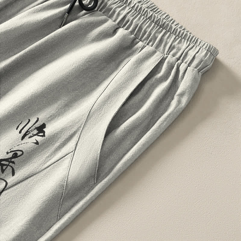 Buddha Stones Herrenhose aus reiner Baumwolle mit Kalligrafie, Pflaumenblütenmuster, Kordelzug und Taschen - image 4
