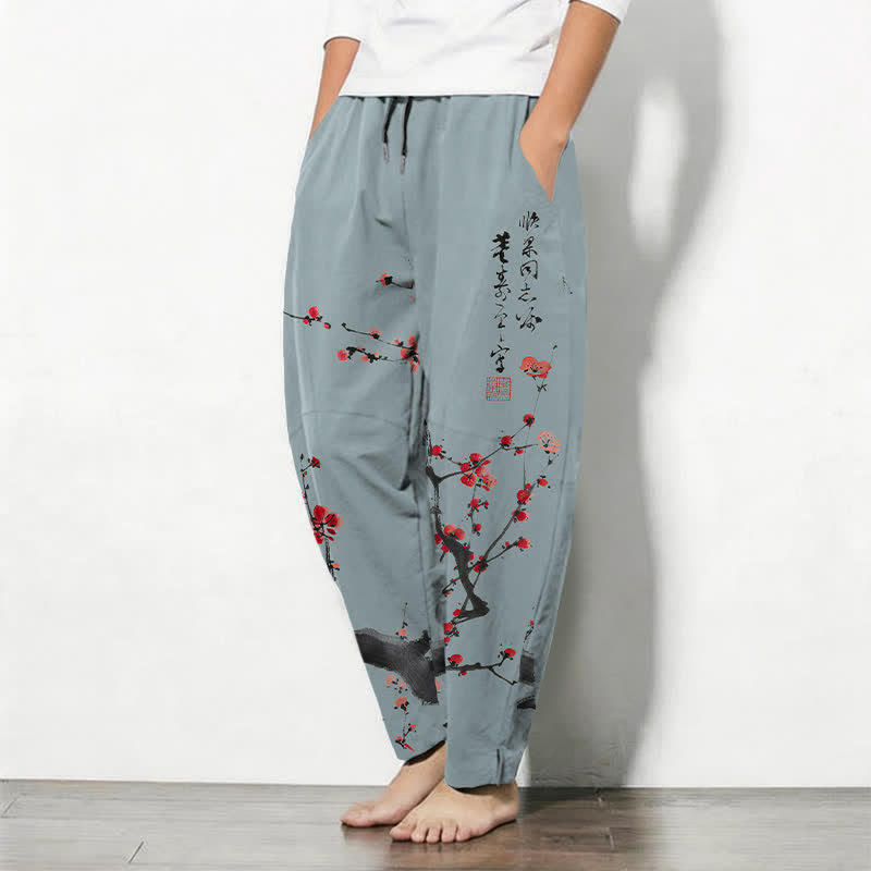 Buddha Stones Herrenhose aus reiner Baumwolle mit Kalligrafie, Pflaumenblütenmuster, Kordelzug und Taschen - image 8