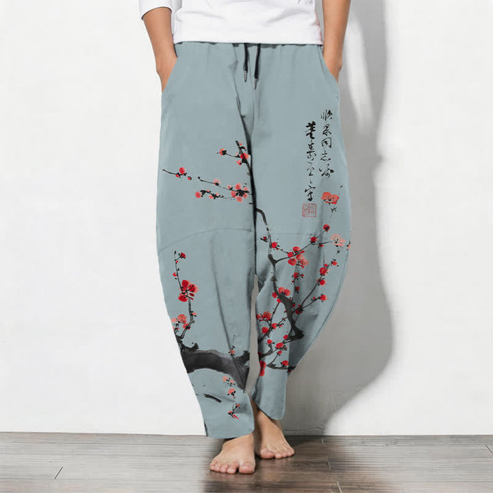 Buddha Stones Herrenhose aus reiner Baumwolle mit Kalligrafie, Pflaumenblütenmuster, Kordelzug und Taschen - Hellstahlblau - US/UK/AU50, EU60 (5XL) - image 7