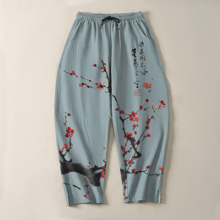 Buddha Stones Herrenhose aus reiner Baumwolle mit Kalligrafie, Pflaumenblütenmuster, Kordelzug und Taschen - image 9