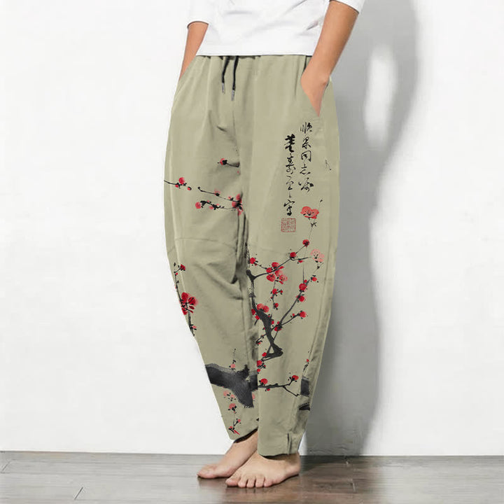 Buddha Stones Herrenhose aus reiner Baumwolle mit Kalligrafie, Pflaumenblütenmuster, Kordelzug und Taschen - image 12