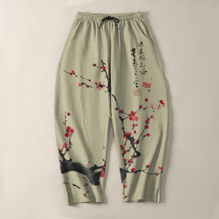 Buddha Stones Herrenhose aus reiner Baumwolle mit Kalligrafie, Pflaumenblütenmuster, Kordelzug und Taschen - image 13