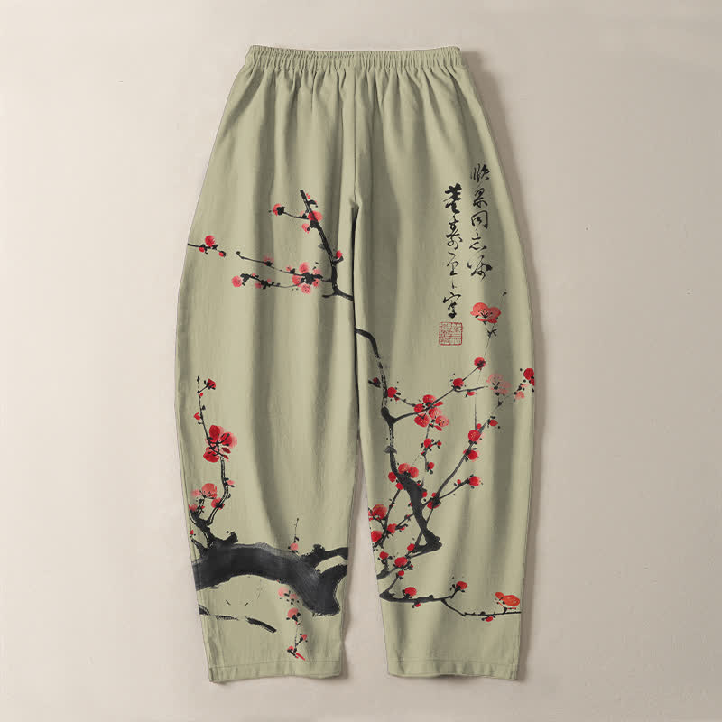 Buddha Stones Herrenhose aus reiner Baumwolle mit Kalligrafie, Pflaumenblütenmuster, Kordelzug und Taschen - image 14