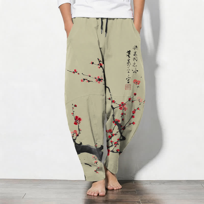 Buddha Stones Herrenhose aus reiner Baumwolle mit Kalligrafie, Pflaumenblütenmuster, Kordelzug und Taschen - Dunkelkhaki - US/UK/AU50, EU60 (5XL) - image 11