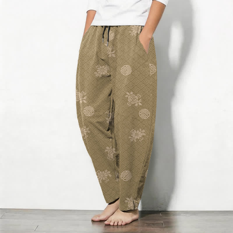 Buddha Stones Herrenhose aus reiner Baumwolle mit floralem Medaillonmuster, Kordelzug, schmal zulaufendem Bein und Taschen - image 1