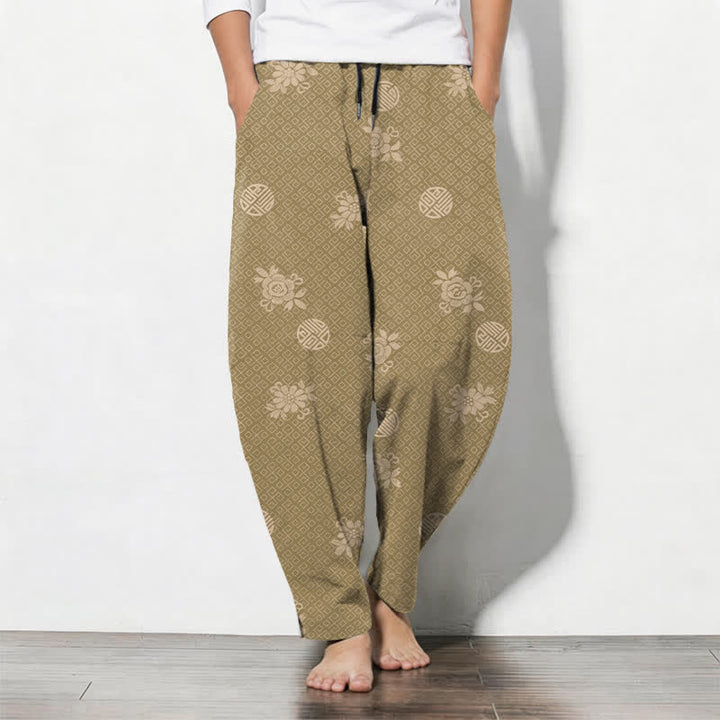 Buddha Stones Herrenhose aus reiner Baumwolle mit floralem Medaillonmuster, Kordelzug, schmal zulaufendem Bein und Taschen - Bräunen - US/UK/AU50, EU60 (5XL) - image 0
