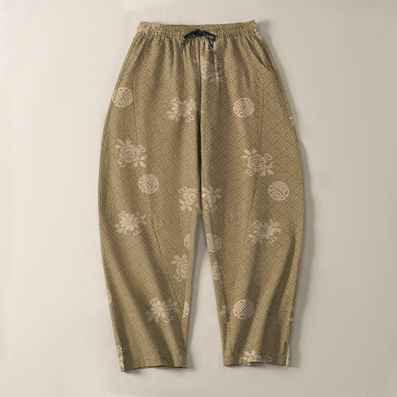 Buddha Stones Herrenhose aus reiner Baumwolle mit floralem Medaillonmuster, Kordelzug, schmal zulaufendem Bein und Taschen - image 2