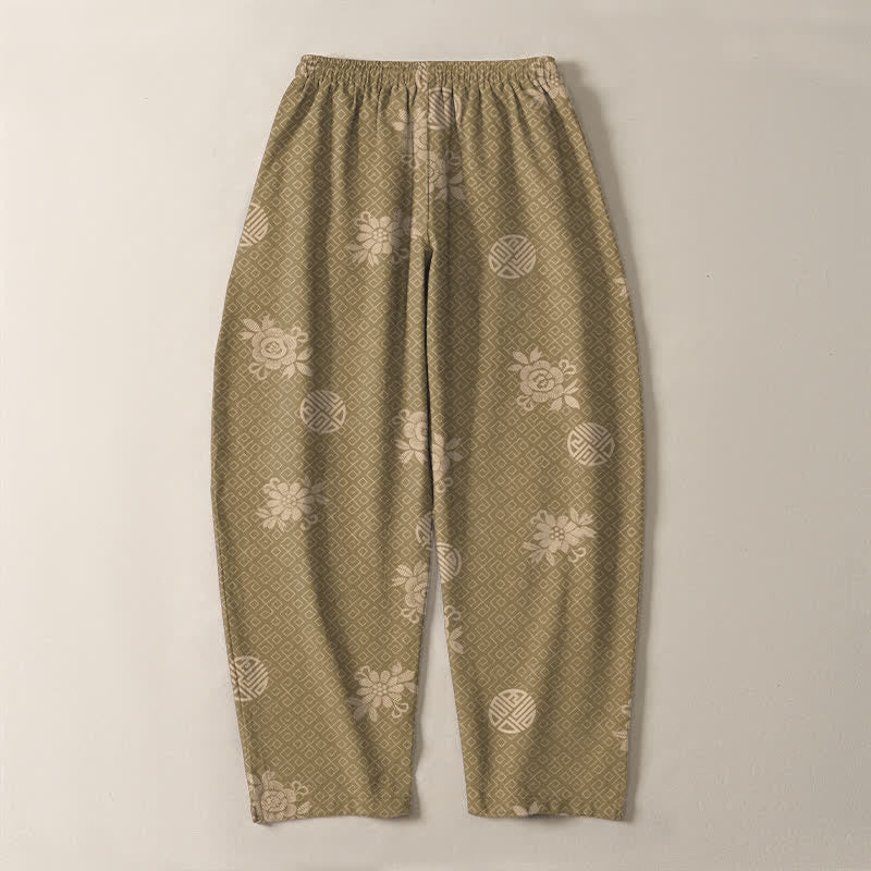Buddha Stones Herrenhose aus reiner Baumwolle mit floralem Medaillonmuster, Kordelzug, schmal zulaufendem Bein und Taschen - image 3