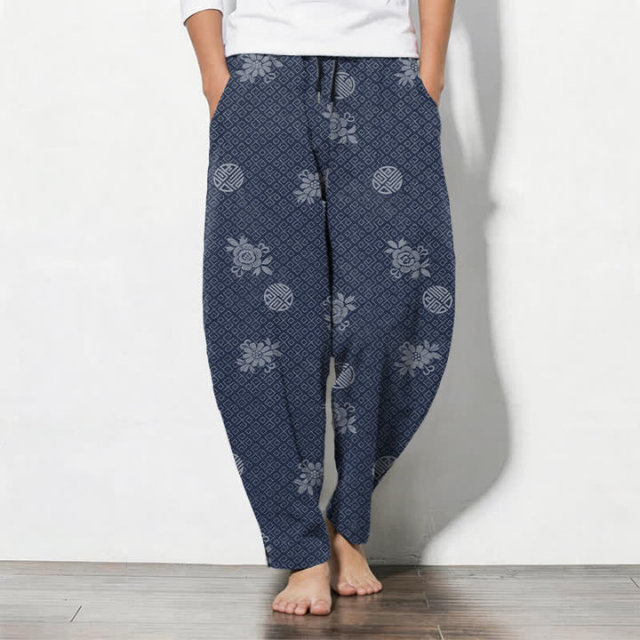 Buddha Stones Herrenhose aus reiner Baumwolle mit floralem Medaillonmuster, Kordelzug, schmal zulaufendem Bein und Taschen - Marine - US/UK/AU50, EU60 (5XL) - image 7