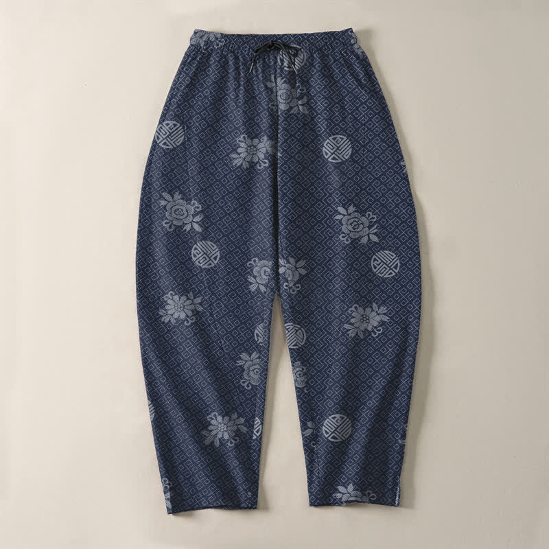 Buddha Stones Herrenhose aus reiner Baumwolle mit floralem Medaillonmuster, Kordelzug, schmal zulaufendem Bein und Taschen - image 9