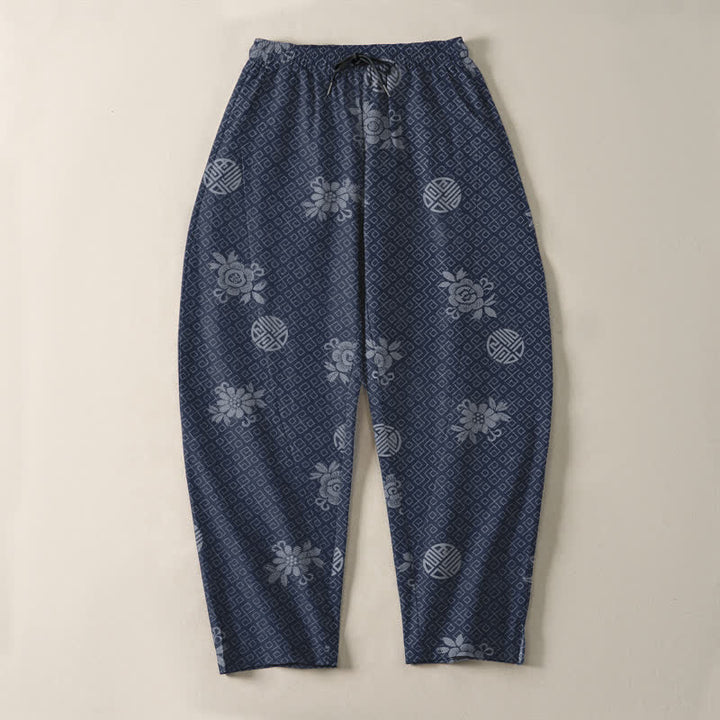 Buddha Stones Herrenhose aus reiner Baumwolle mit floralem Medaillonmuster, Kordelzug, schmal zulaufendem Bein und Taschen - image 9