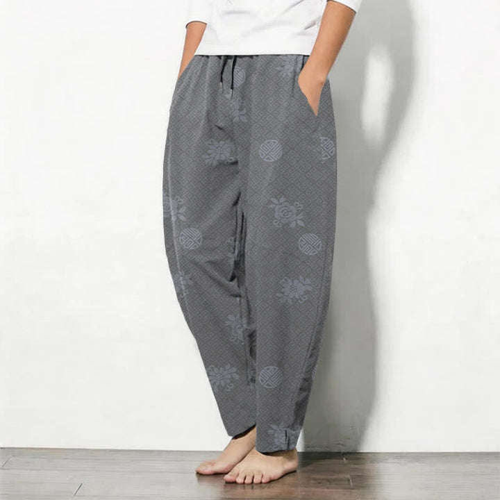 Buddha Stones Herrenhose aus reiner Baumwolle mit floralem Medaillonmuster, Kordelzug, schmal zulaufendem Bein und Taschen - image 12