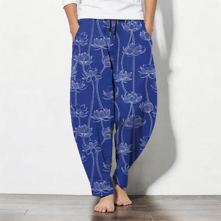 Buddha Stones Herrenhose aus reiner Baumwolle mit weißem Lotus-Linienmuster, Kordelzug und Taschen - Königsblau - US/UK/AU50, EU60 (5XL) - image 0