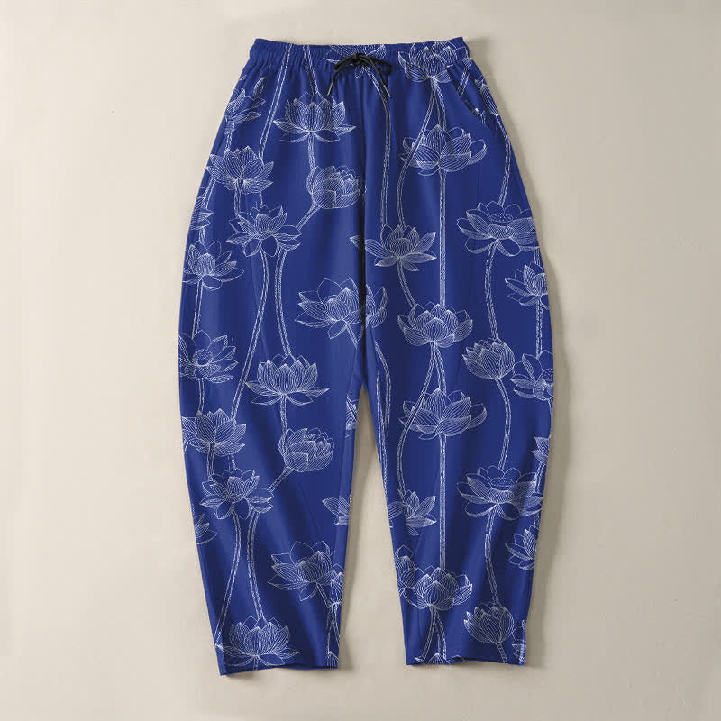 Buddha Stones Herrenhose aus reiner Baumwolle mit weißem Lotus-Linienmuster, Kordelzug und Taschen - image 2