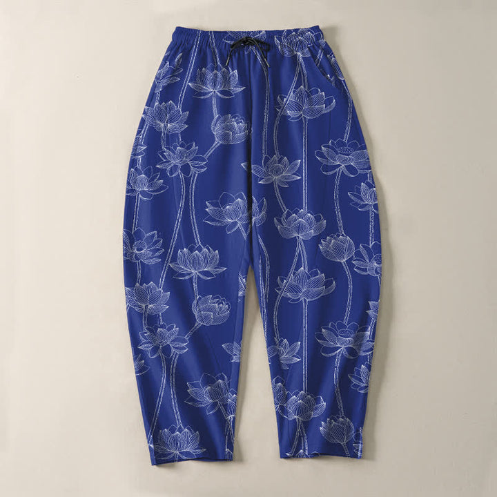 Buddha Stones Herrenhose aus reiner Baumwolle mit weißem Lotus-Linienmuster, Kordelzug und Taschen - image 2