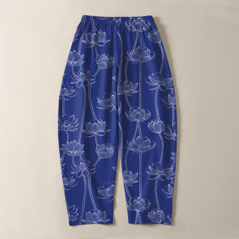 Buddha Stones Herrenhose aus reiner Baumwolle mit weißem Lotus-Linienmuster, Kordelzug und Taschen - image 3