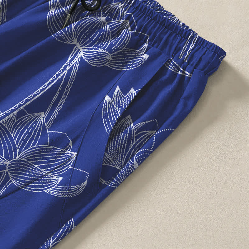 Buddha Stones Herrenhose aus reiner Baumwolle mit weißem Lotus-Linienmuster, Kordelzug und Taschen - image 4