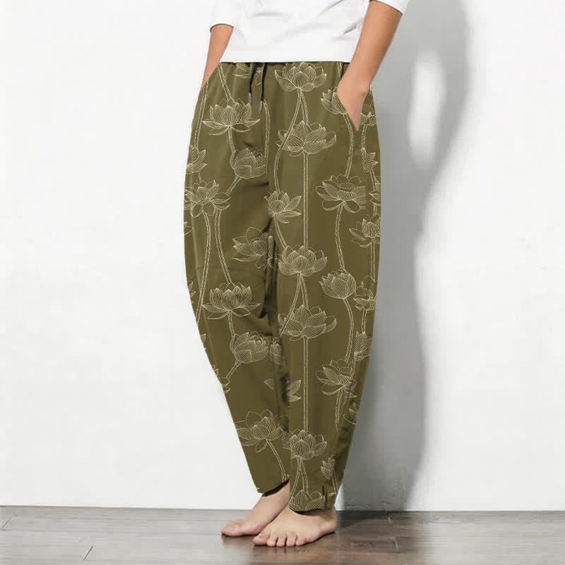 Buddha Stones Herrenhose aus reiner Baumwolle mit weißem Lotus-Linienmuster, Kordelzug und Taschen - image 8