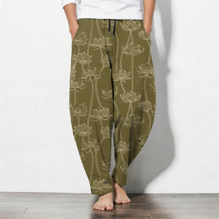 Buddha Stones Herrenhose aus reiner Baumwolle mit weißem Lotus-Linienmuster, Kordelzug und Taschen - Olive - US/UK/AU50, EU60 (5XL) - image 7