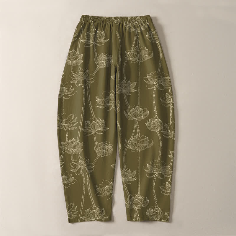 Buddha Stones Herrenhose aus reiner Baumwolle mit weißem Lotus-Linienmuster, Kordelzug und Taschen - image 10
