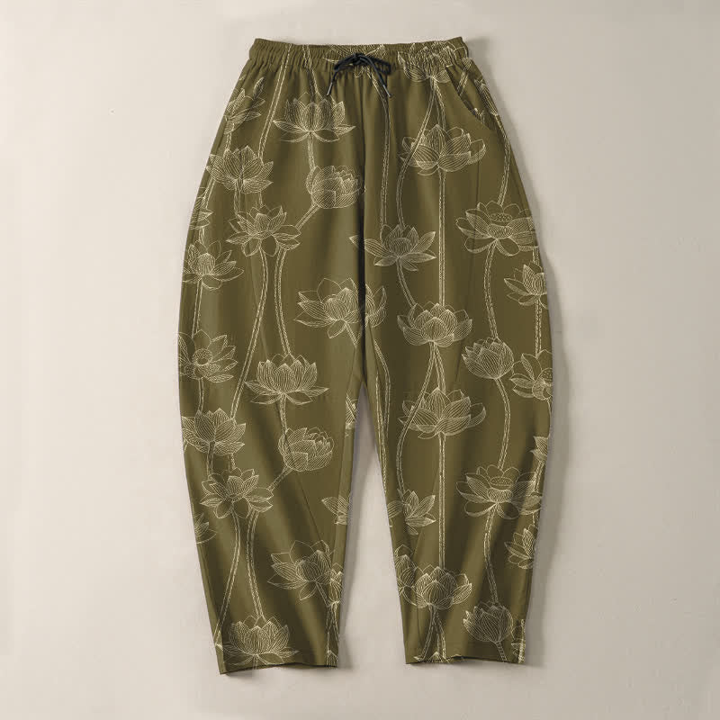 Buddha Stones Herrenhose aus reiner Baumwolle mit weißem Lotus-Linienmuster, Kordelzug und Taschen - image 9