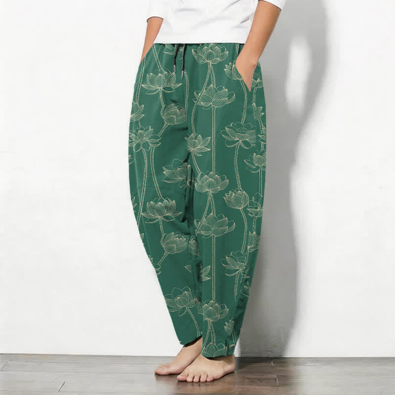 Buddha Stones Herrenhose aus reiner Baumwolle mit weißem Lotus-Linienmuster, Kordelzug und Taschen - image 12