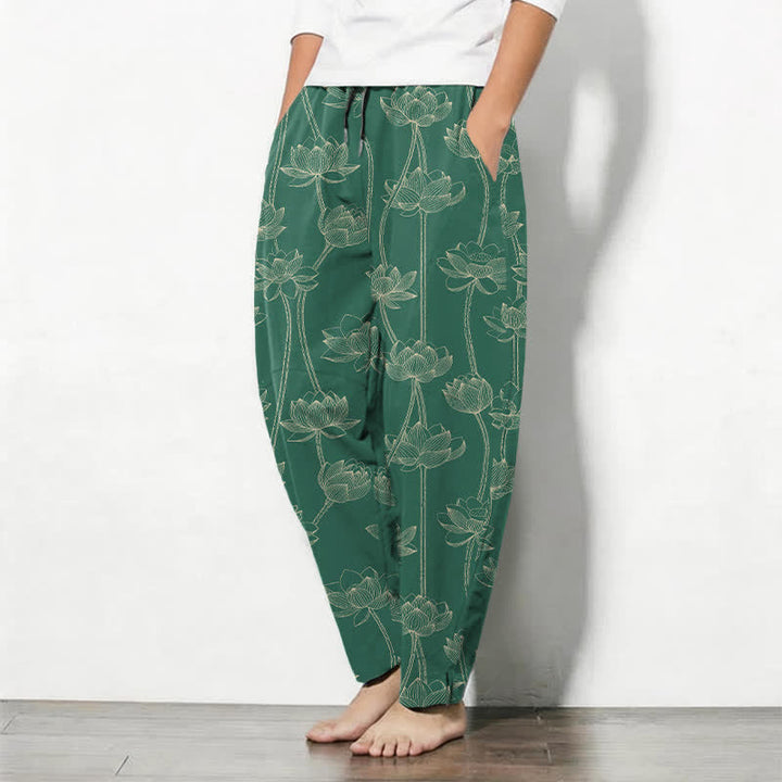 Buddha Stones Herrenhose aus reiner Baumwolle mit weißem Lotus-Linienmuster, Kordelzug und Taschen - image 12