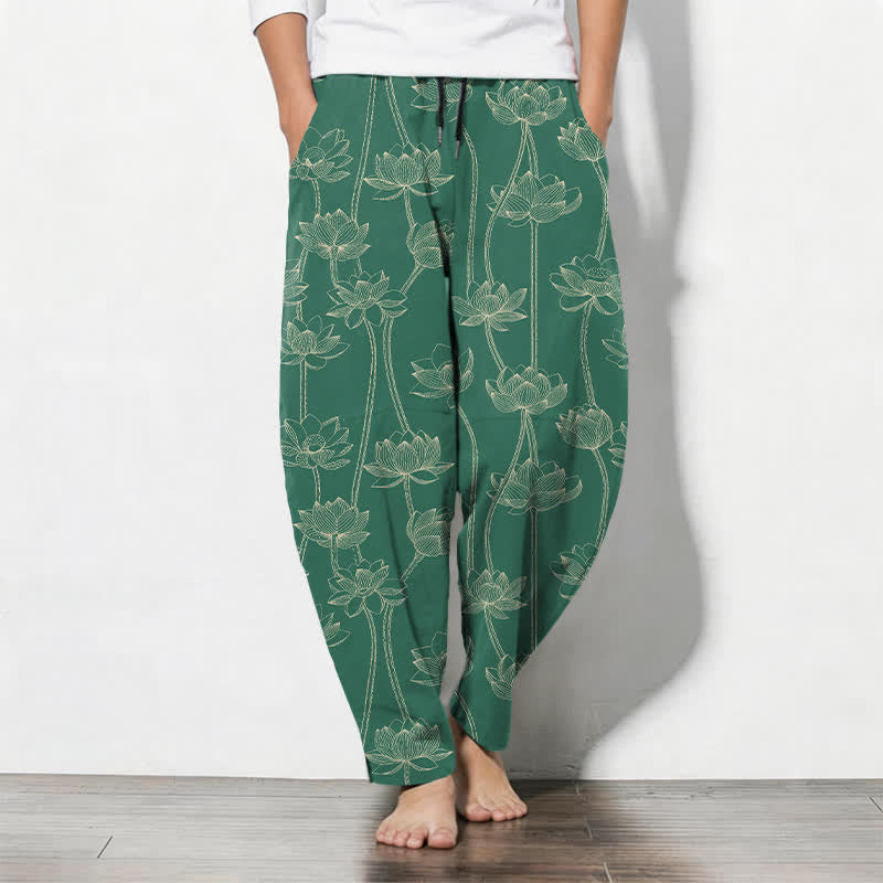 Buddha Stones Herrenhose aus reiner Baumwolle mit weißem Lotus-Linienmuster, Kordelzug und Taschen - SeaGreen - US/UK/AU50, EU60 (5XL) - image 11