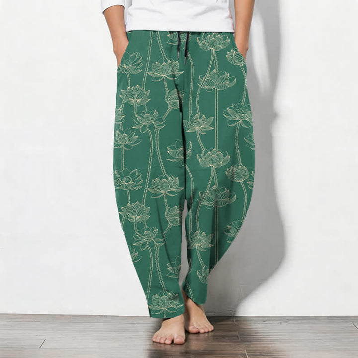 Buddha Stones Herrenhose aus reiner Baumwolle mit weißem Lotus-Linienmuster, Kordelzug und Taschen - SeaGreen - US/UK/AU50, EU60 (5XL) - image 11