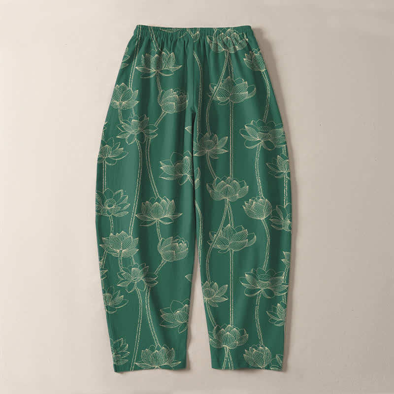 Buddha Stones Herrenhose aus reiner Baumwolle mit weißem Lotus-Linienmuster, Kordelzug und Taschen - image 14