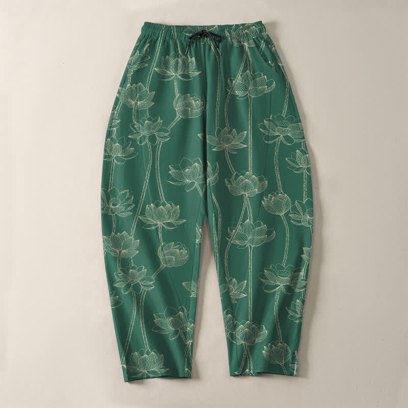 Buddha Stones Herrenhose aus reiner Baumwolle mit weißem Lotus-Linienmuster, Kordelzug und Taschen - image 13