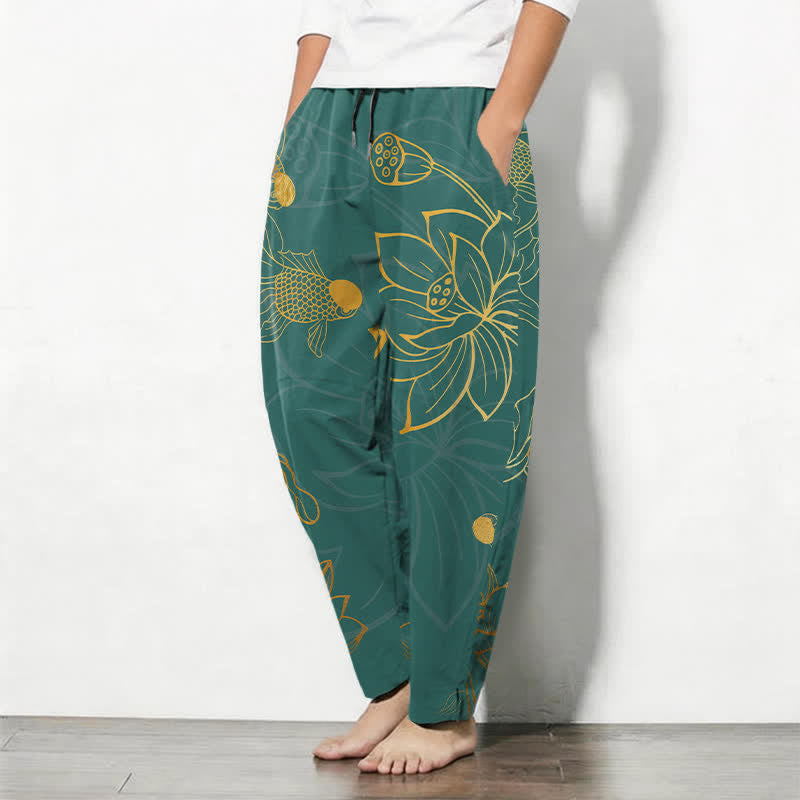 Buddha Stones Herrenhose aus reiner Baumwolle mit goldenem Lotus-Koi-Muster, Kordelzug und Taschen - image 1
