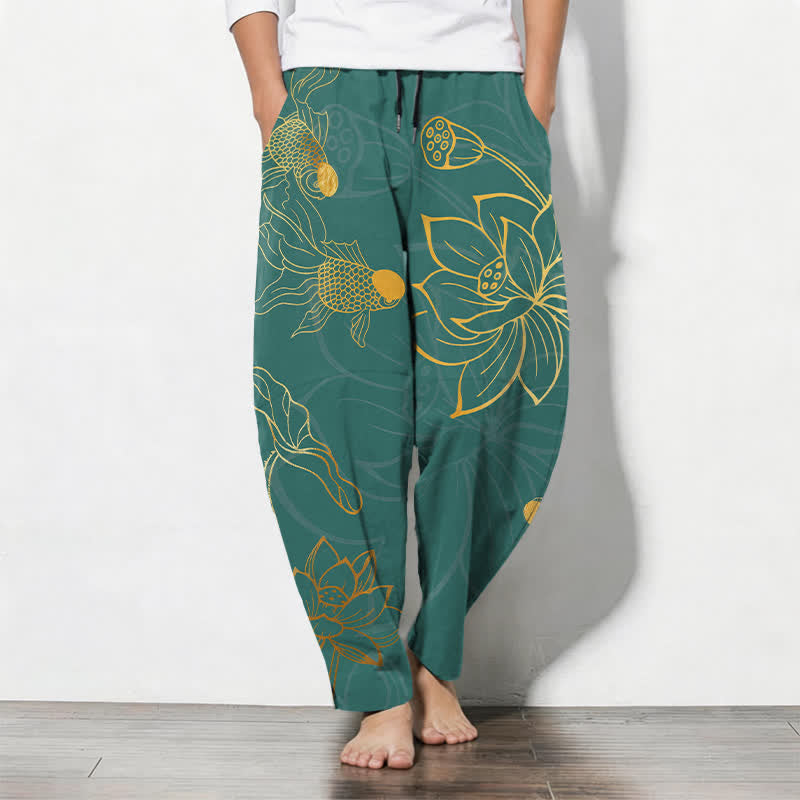 Buddha Stones Herrenhose aus reiner Baumwolle mit goldenem Lotus-Koi-Muster, Kordelzug und Taschen - Türkis - US/UK/AU50, EU60 (5XL) - image 0