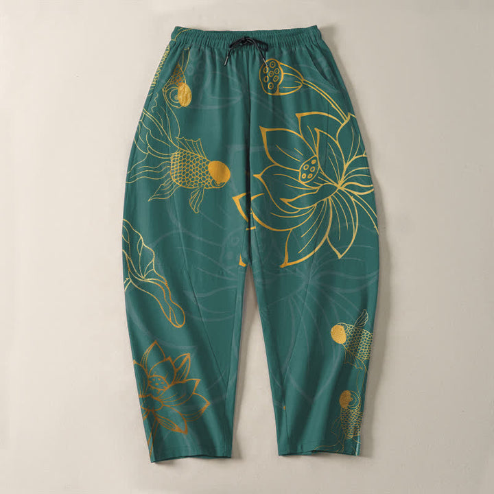 Buddha Stones Herrenhose aus reiner Baumwolle mit goldenem Lotus-Koi-Muster, Kordelzug und Taschen - image 2